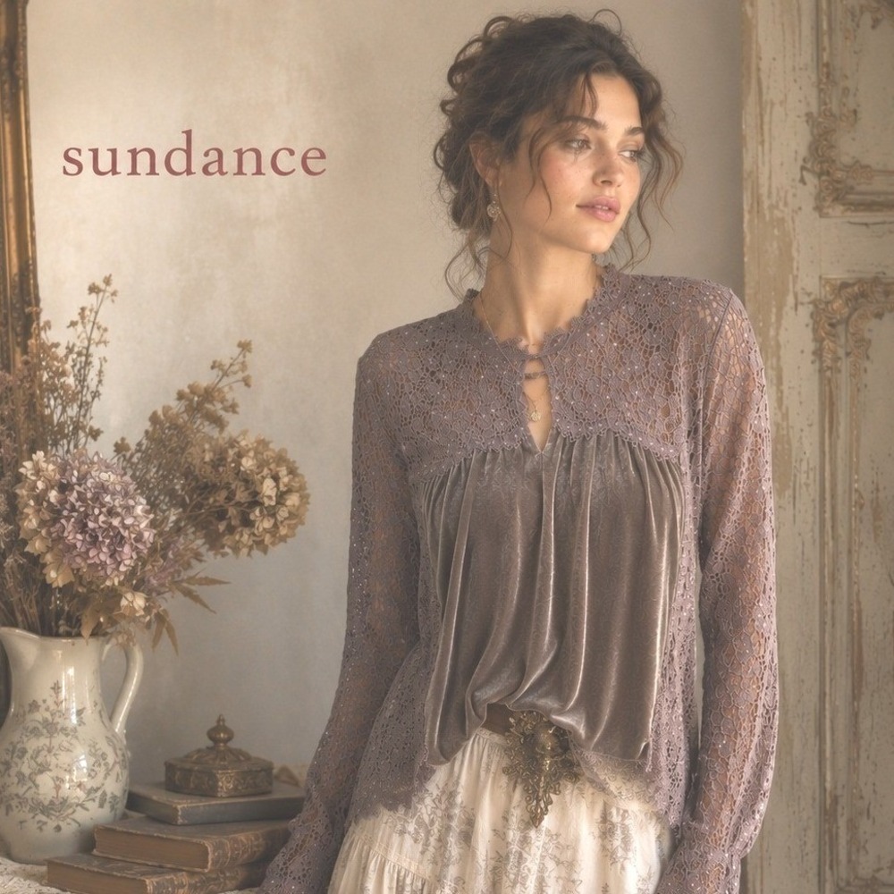 Sundance NWT Velvet & Lace Long Sleeve Blouse BrownTaupe Size MBoho Romantic